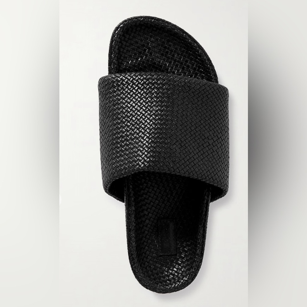 St. Agni Black leather woven platform slides